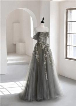 Picture of Grey Off Shoulder Tulle with Lace Applique Long Party Dresses,Grey Prom Dresses